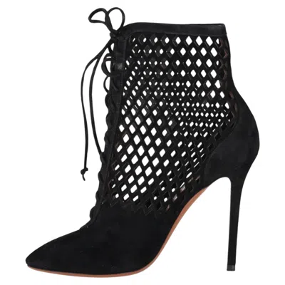 Pre-owned Alaïa Alaia Suede Laser-cut Caged Ankle Boots In Black