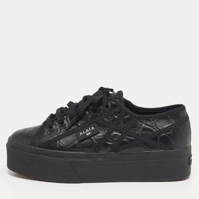Pre-owned Alaïa Superga Size 38 Black Croc Embossed Leather Lace Up Sneakers
