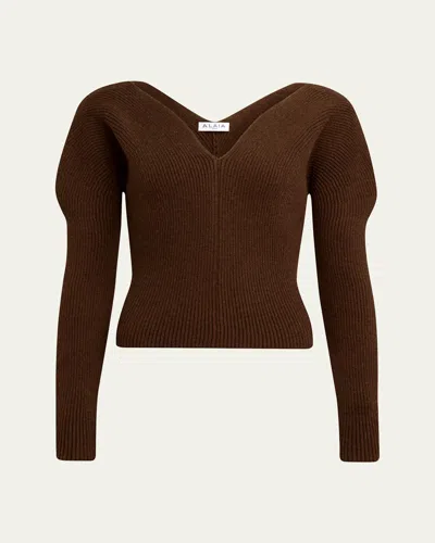 Alaïa Sweetheart-neck Long-sleeve Rib Sweater In Ebene