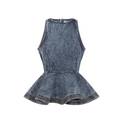 Alaïa Alaia Peplum Halterneck Top With Ruched Hem And Fitted Waist In Blue
