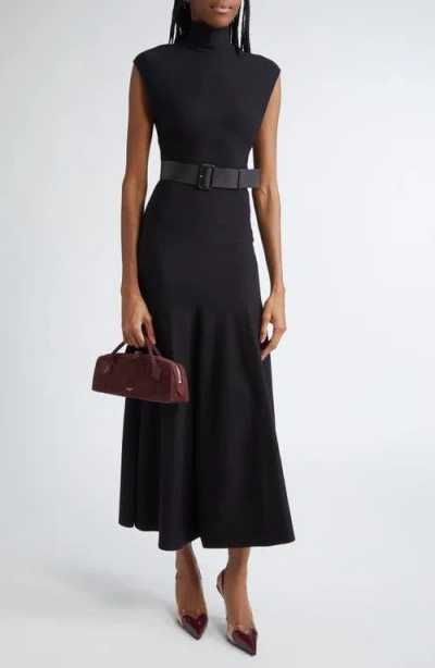Alaïa Turtleneck Jersey Belted Dress In Noir Alaia