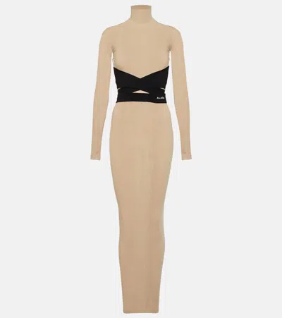 Alaïa Belted Jersey Turtleneck Maxi Dress In Beige