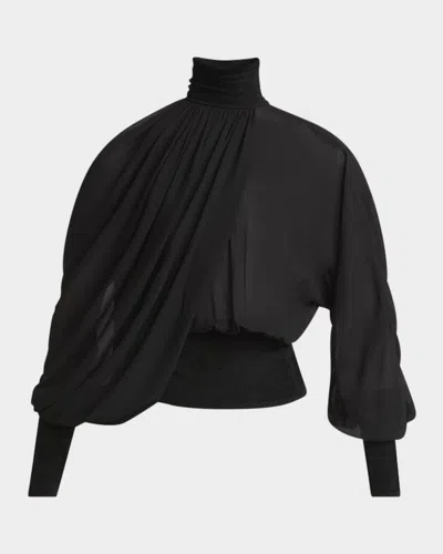 Alaïa Turtleneck Asymmetric Chiffon Blouse In Noir Alaia