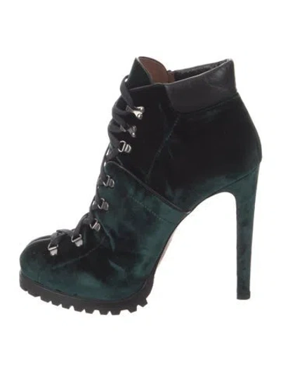 Pre-owned Alaïa Velvet Leather Trim Embellishment Lace-up Boots In Green