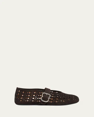 Alaïa Vienne Perforated Suede Buckle Ballerina Flats In Brown