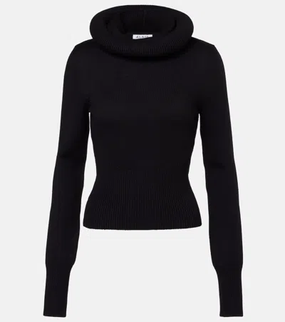 Alaïa Ribbed Sweater With Sculptural Hoodie Clothing In Black