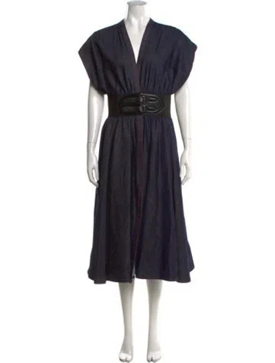 Pre-owned Alaïa V-neck Midi Length Dress In Blue
