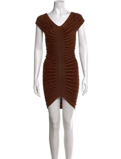 Pre-owned Alaïa V-neck Mini Dress W/ Tags In Brown