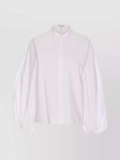 Alaïa Volume Sleeve Crewneck Top With Stand Collar In White