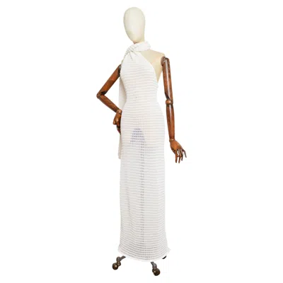 Pre-owned Alaïa White Crochet Elegant Scarf Detail Sheer Knit Maxi Dress