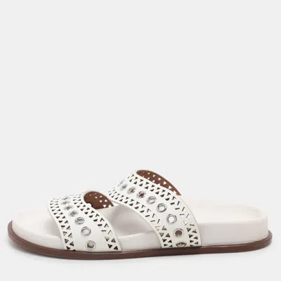 Pre-owned Alaïa White Leather Grommet Flat Slides Size 36.5