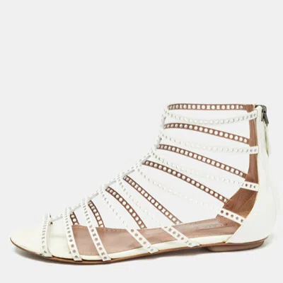 Pre-owned Alaïa White Patent Leather Laser Cut Strappy Flat Sandals Size 37