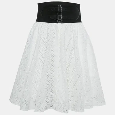 Pre-owned Alaïa White Sangallo Cotton And Leather Trim Belted Skirt S
