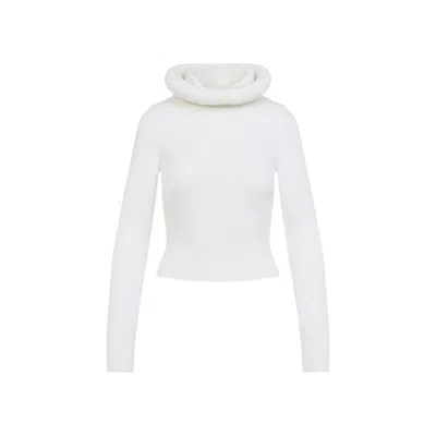 ALAÏA WHITE SCULPTURAL HOOD RIBBED JUMPER