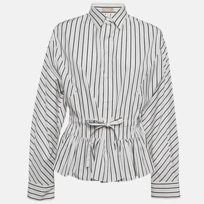 Pre-owned Alaïa White/black Pinstripe Cotton Cinched Waist Shirt L