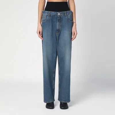Alaïa Wide Denim Jeans With Knitted Band In Blue