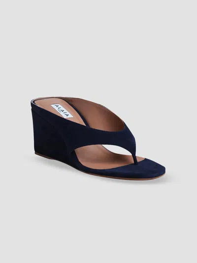 Alaïa Women's 75mm Slip-on Suede Wedge Sandals In Blue Nuit