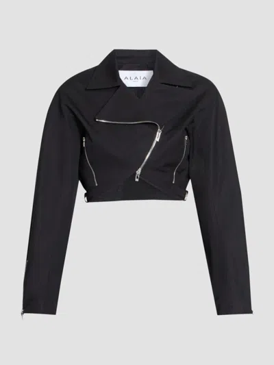 Alaïa Crop Cotton Poplin Bolero Biker Jacket In Black