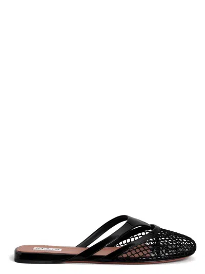 ALAÏA WOMEN'S FISHNET AND LEATHER INFRADITO FLAT MULES