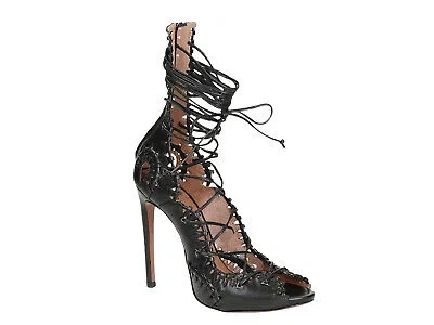 Pre-owned Alaïa Women's High Heel Lace-ups Sandals In Black Leather Size Us 9.5 - Eu 39½
