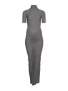 Alaïa Gathered Waist High Neck Maxi Dress In Gray