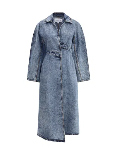 Alaïa Women Long Denim Spiral Trench In Blue