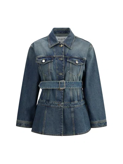 Alaïa Women Peplum Denim Jacket In Blue