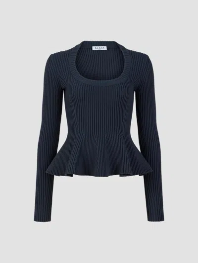Alaïa Women's Rib-knit Peplum Top In Blue