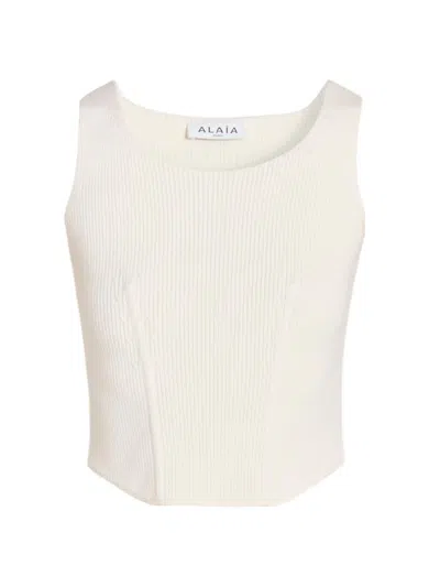 Alaïa Ribbed Cropped Corset Style Sleeveless Top In White