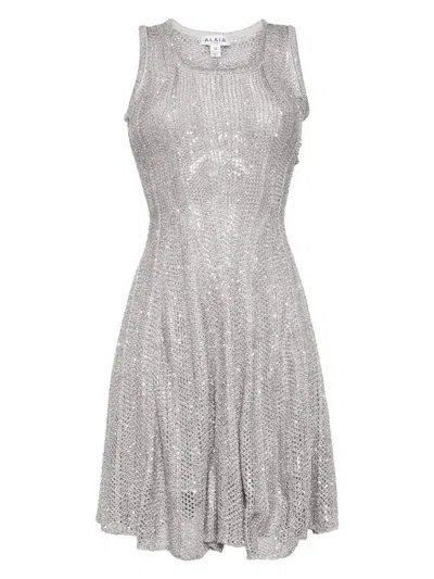 ALAÏA WOMEN'S SHORT SILVER SEQUIN DRESS