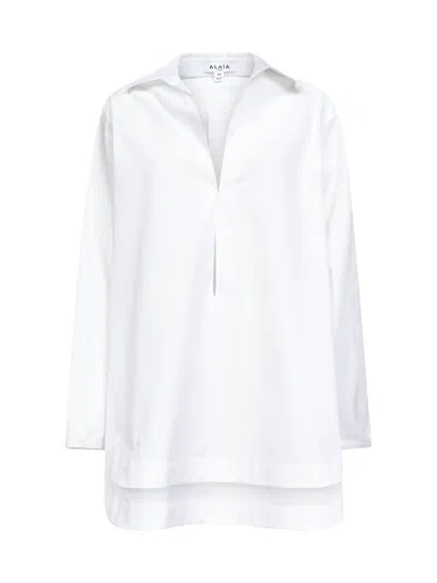 ALAÏA ALAÏA WOMEN WHITE COTTON POPLIN TUNIC MINI DRESS