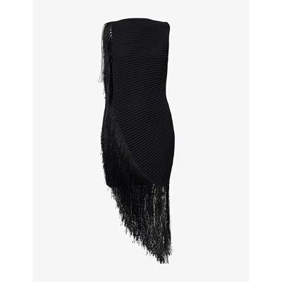 Alaïa Womens Alaia Asymmetric Fringed Knitted Silk-blend Midi Dress In Noir Alaia