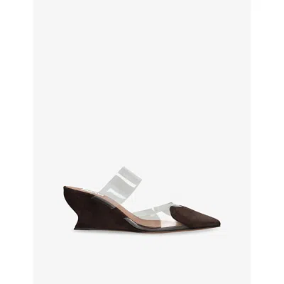 Alaïa Womens Alaia Coeur 60 Patent-leather And Pvc Wedge Mules In Dark Brown