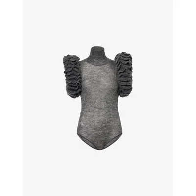 Alaïa Womens Gris Chine Frill-trim Padded Stretch-wool Bodysuit In Gray