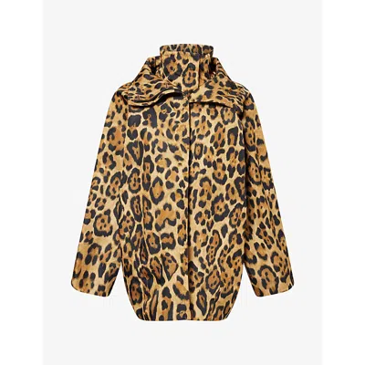 Alaïa Womens Noir/caramel Leopard-print Funnel-neck Nylon Coat In Brown