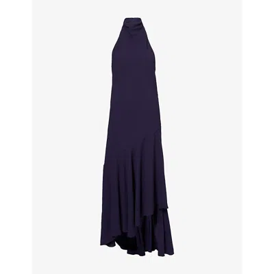 Alaïa Womens Aubergine Asymmetric Halterneck Knitted Midi Dress In Blue