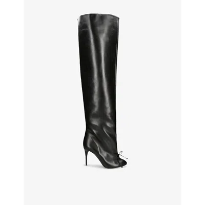 ALAÏA WOMENS BLACK BOW-EMBELLISHED LEATHER OVER-THE-KNEE BOOTS EUR 38/5 UK