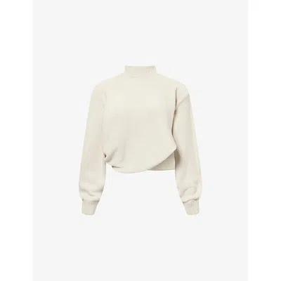 Alaïa Womens Beige Asymmetric Cropped Linen-and-cotton Knit Jumper