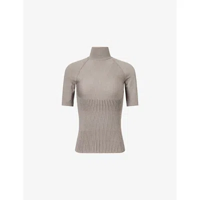 ALAÏA WOMENS BEIGE CHINE MOCK-NECK RIBBED WOOL-BLEND TOP