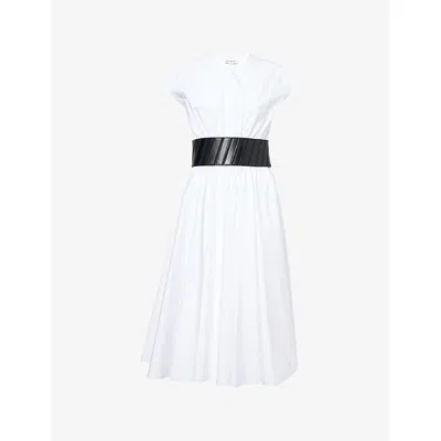 Alaïa Womens Blanc Belted Flared Cotton-poplin Midi Dress In White
