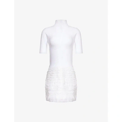 Alaïa Alaia Womens Blanc High-neck Ruffle-hem Knitted Mini Dress