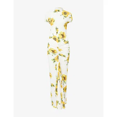 Alaïa Womens Draped Printed Stretch-jersey Maxi Dress Blanc/jaune In Multi