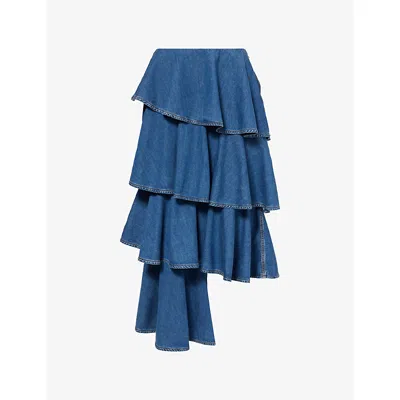 Alaïa Womens Bleu Mineral Spiral Tiered Denim Maxi Skirt In Blue