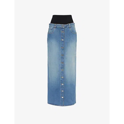 Alaïa Womens Alaia Column Knitted-waistband Denim-blend Midi Skirt In Bleu Vintage
