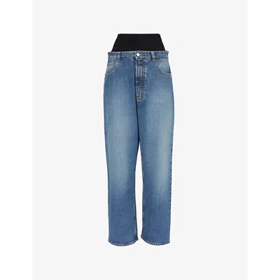 Alaïa Womens Alaia Knitted-waistband Wide-leg High-rise Denim-blend Jeans In Bleu Vintage