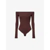 Alaïa Womens Chocolat Off-shoulder Long-sleeve Woven Bodysuit In Brown