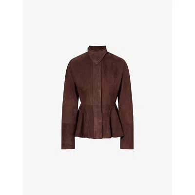 Alaïa Womens Chocolat Stand-collar Peplum Suede Jacket In Brown