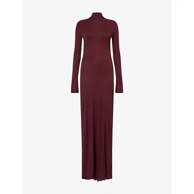 Alaïa Womens Cognac Draped Long-sleeve Jersey Maxi Dress In Burgundy