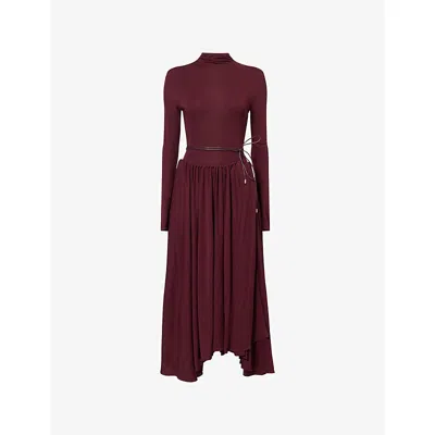 Alaïa Womens Cognac Wrap-over High-neck Woven Midi Dress In Burgundy
