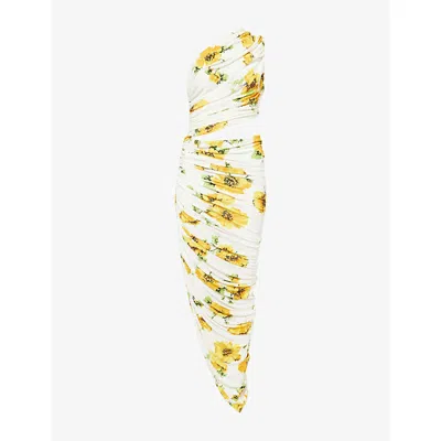 Alaïa Womens Cut-out Floral-print Jersey Midi Dress Blanc/jaune